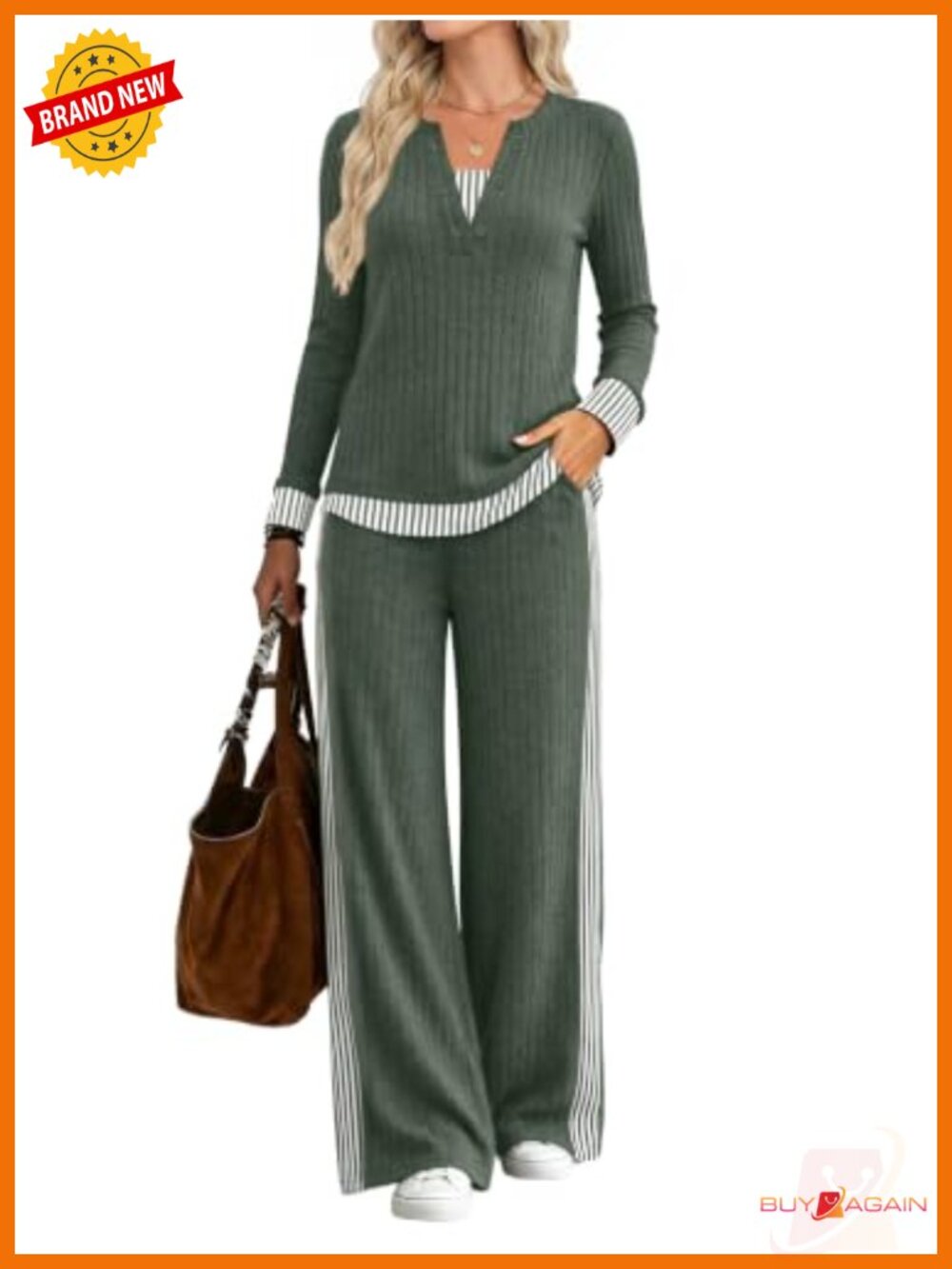 Women's 2-Piece Lounge Set Henley Top Wide Leg Pants Knit Ribbed